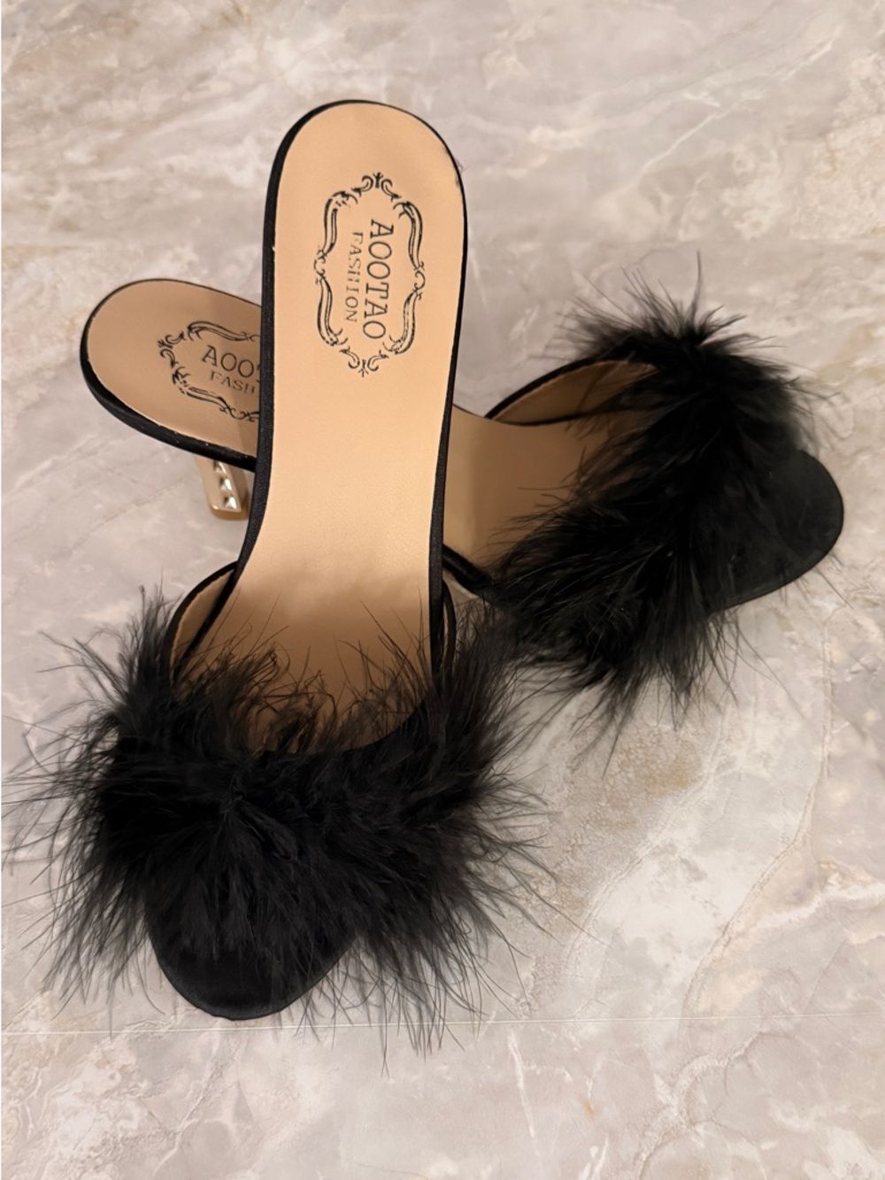 AOOTAO Feather Heeled Sandals – Black/Gold – Size 37 (US 6.5-7) – New